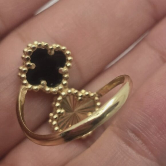 14k Solid Yellow Gold Clover/Flower Onyx Bypass Ring Size 8.5 - Picture 8 of 13